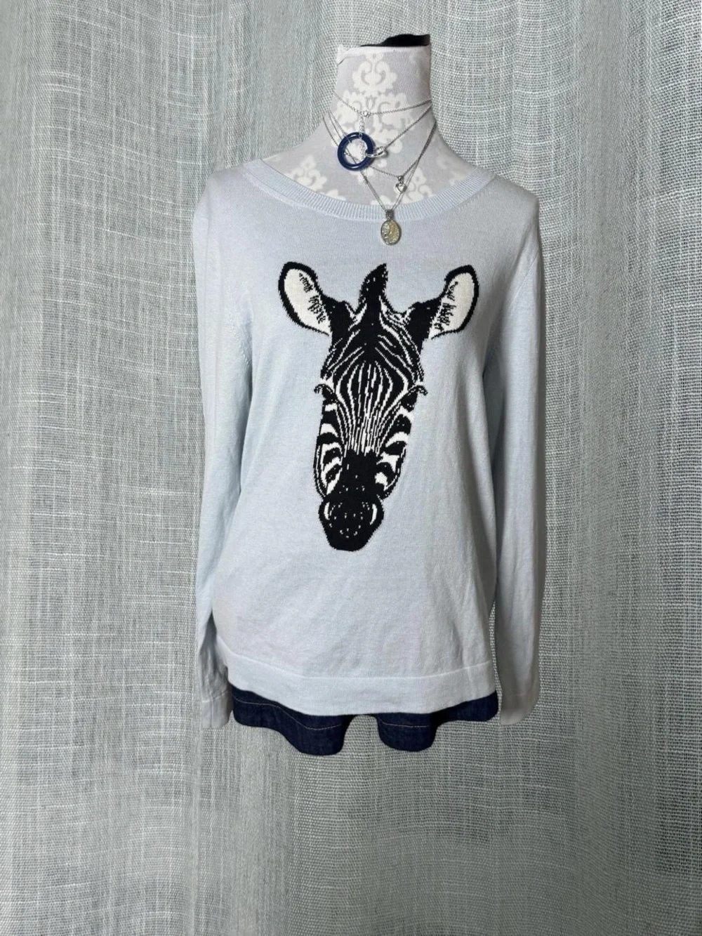 J.Crew Zebra Intarsia Sweater | Baby Blue Cotton Knit Size Large